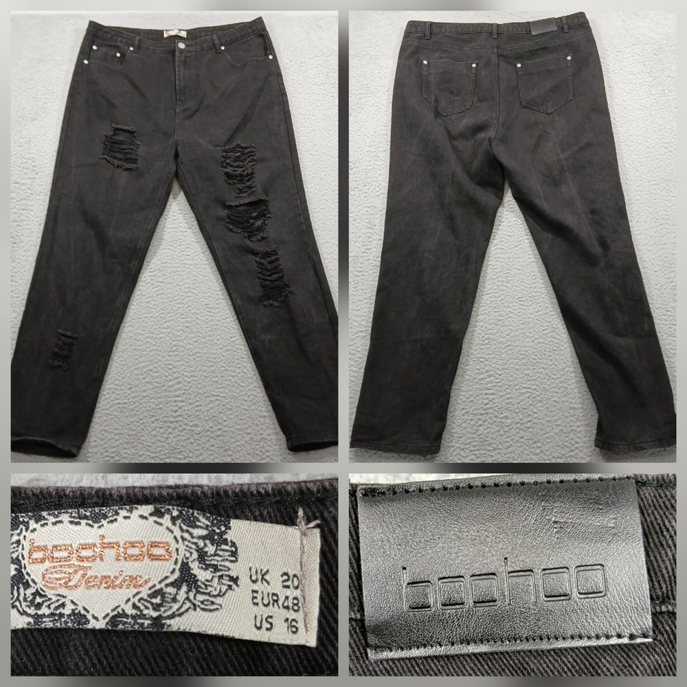 Boohoo Distressed High Waisted‎ Mom Jeans Black Denim Women's Plus Size 16 EUC